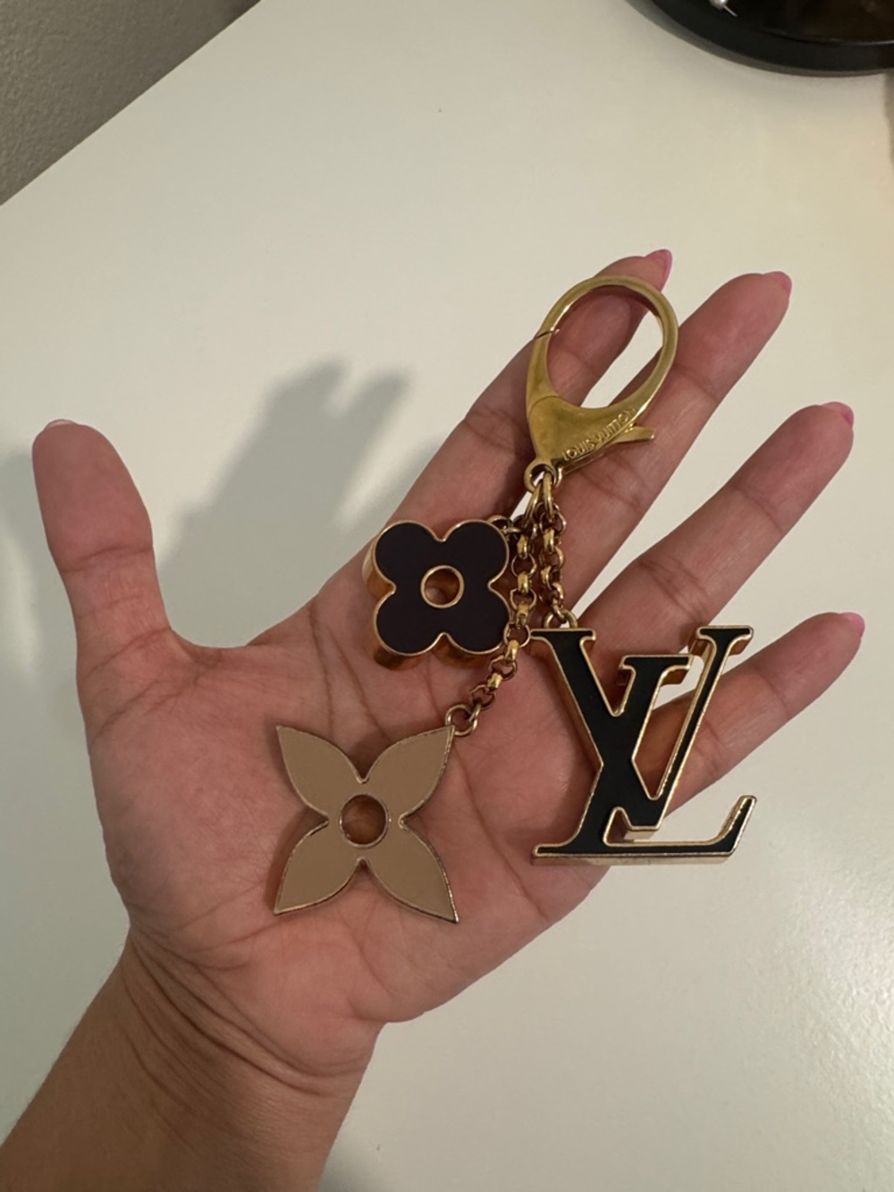 Louis Vuitton Black and Beige Monogram Flower Keyring with Gold Hardware